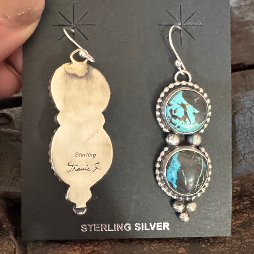 Sterling Silver Blue Moon Turquoise Earrings by Travis J - Picture 3 of 3